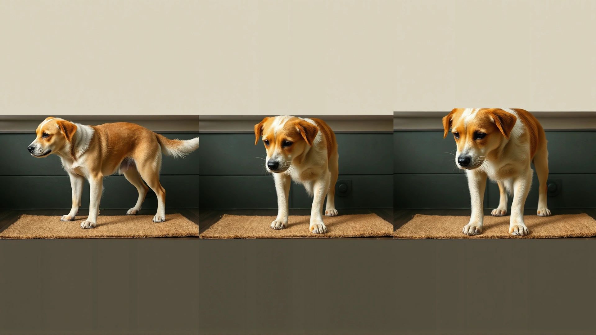 A step-by-step collage-style image showing a dog moving from standing to placing paws on a mat, each stage subtly blended.