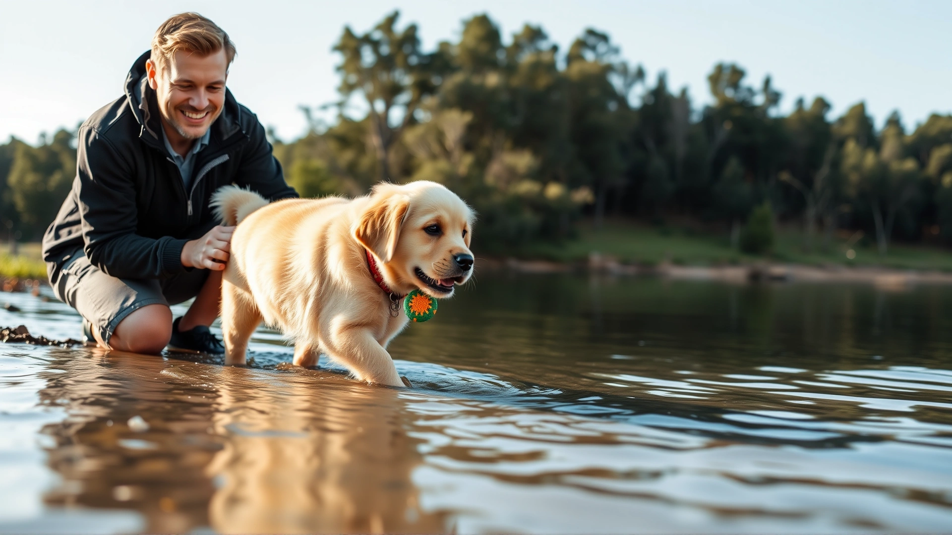 Smiling dog owner kneeling at the lake’s edge, guiding a young Golden Retriever puppy into shallow water while holding a colorful toy.