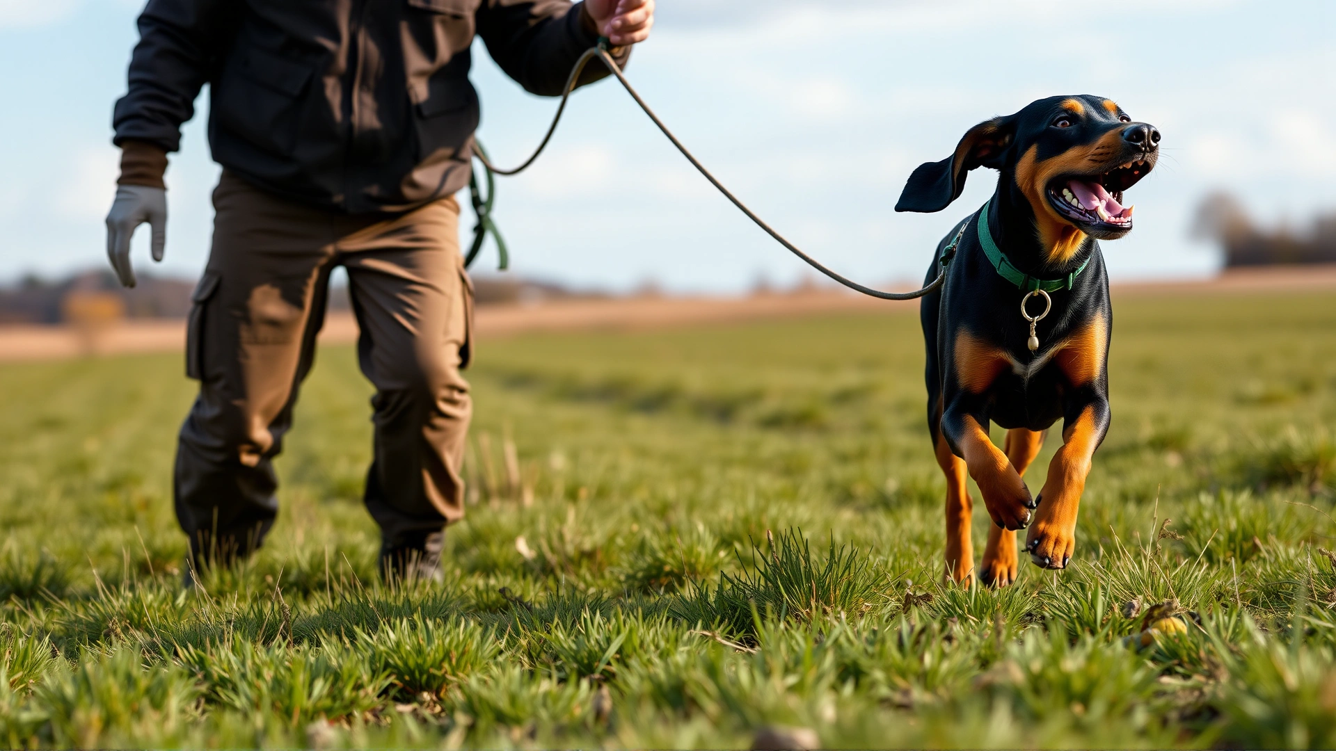 A trainer practicing recall command with a Black and Tan Coonhound in an open field, dog running toward the camera with enthusiasm.