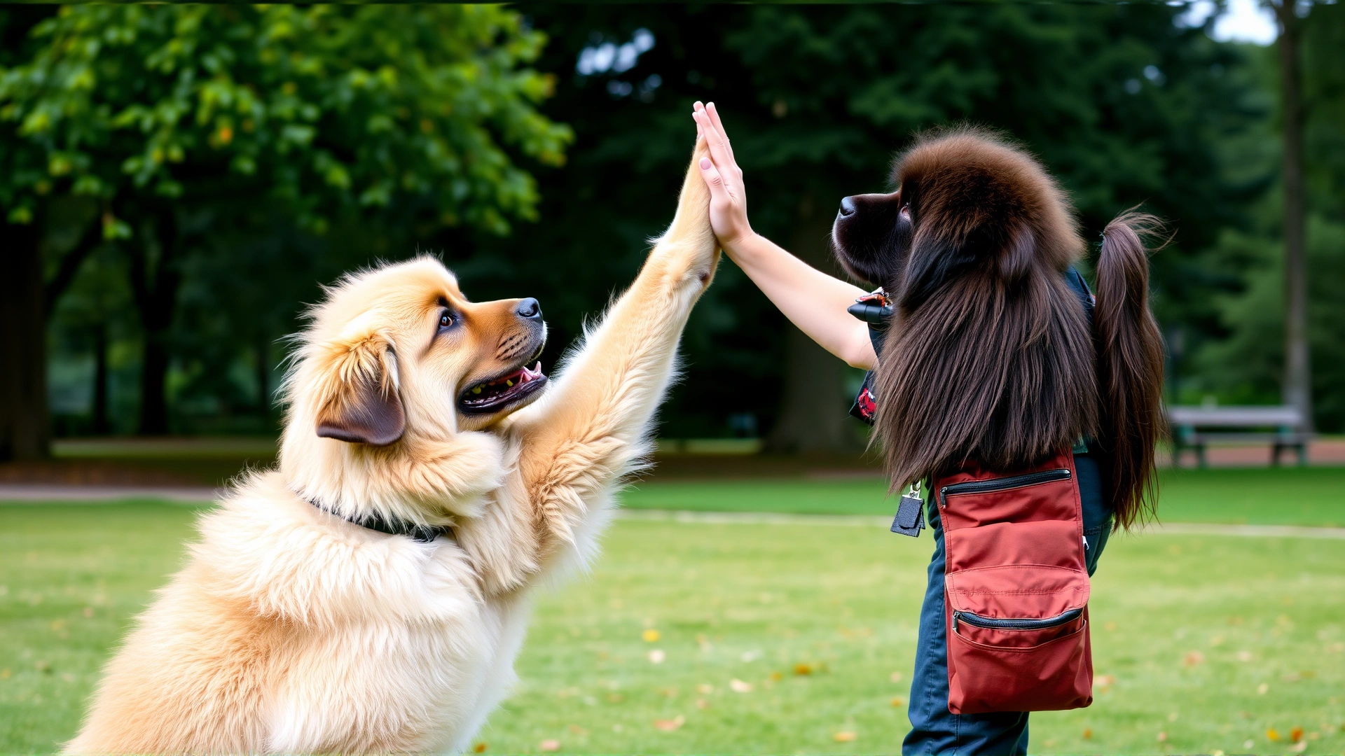 Trainer giving a high-five command to a young Newfoundland dog in a park, with treat pouch visible on trainer's waist.