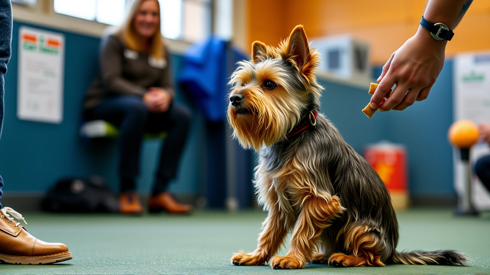 Norwich Terrier performing a sit command in an indoor obedience class with treats in trainer's hand