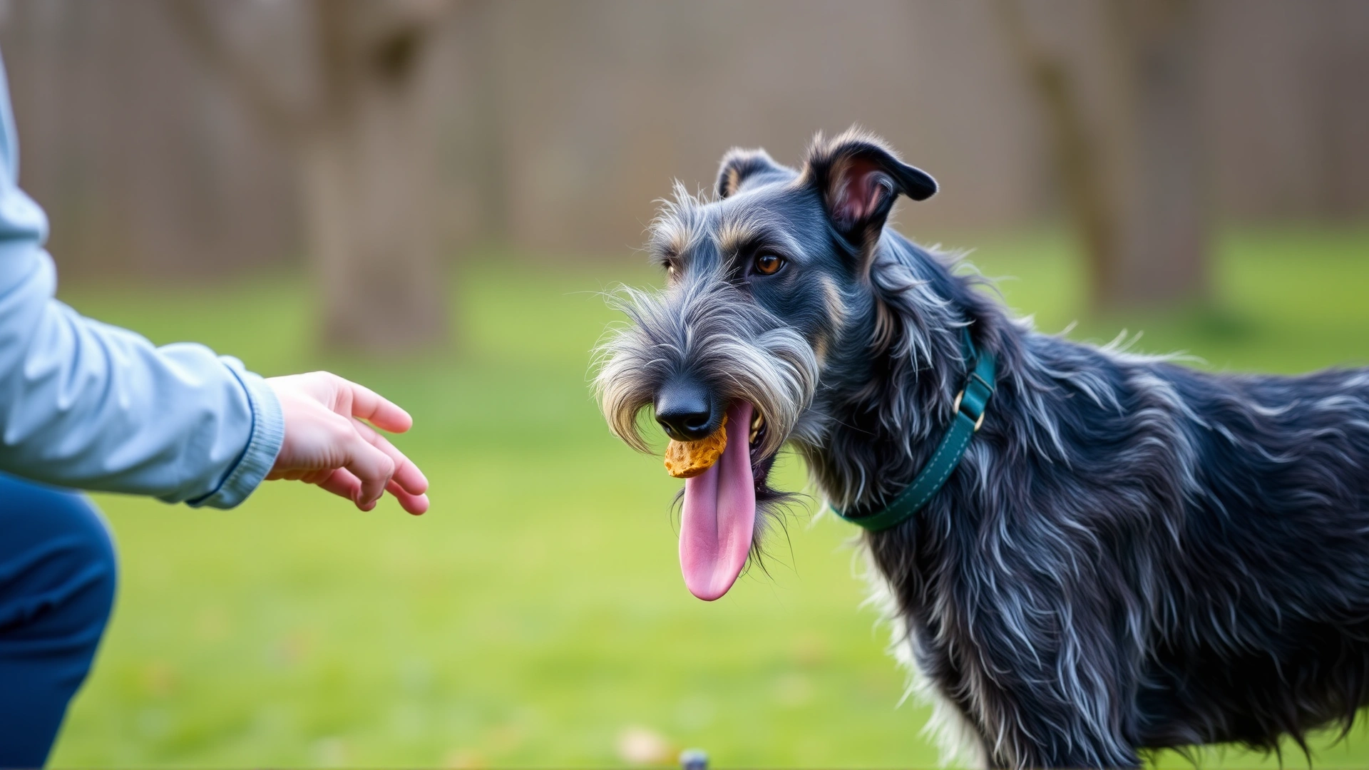 Scottish Deerhound receiving a treat during positive reinforcement training outdoors.