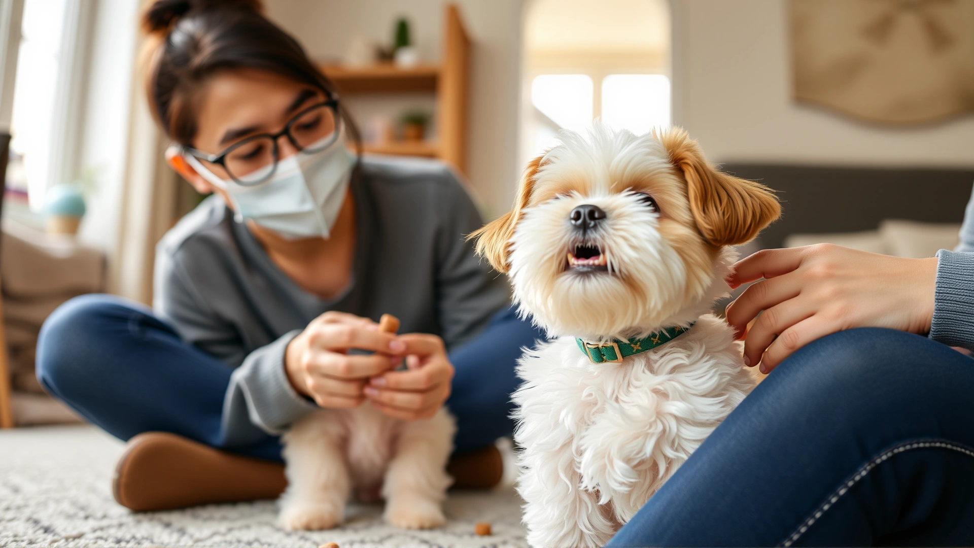 Owner using positive reinforcement to train a young Shichon indoors with treats.