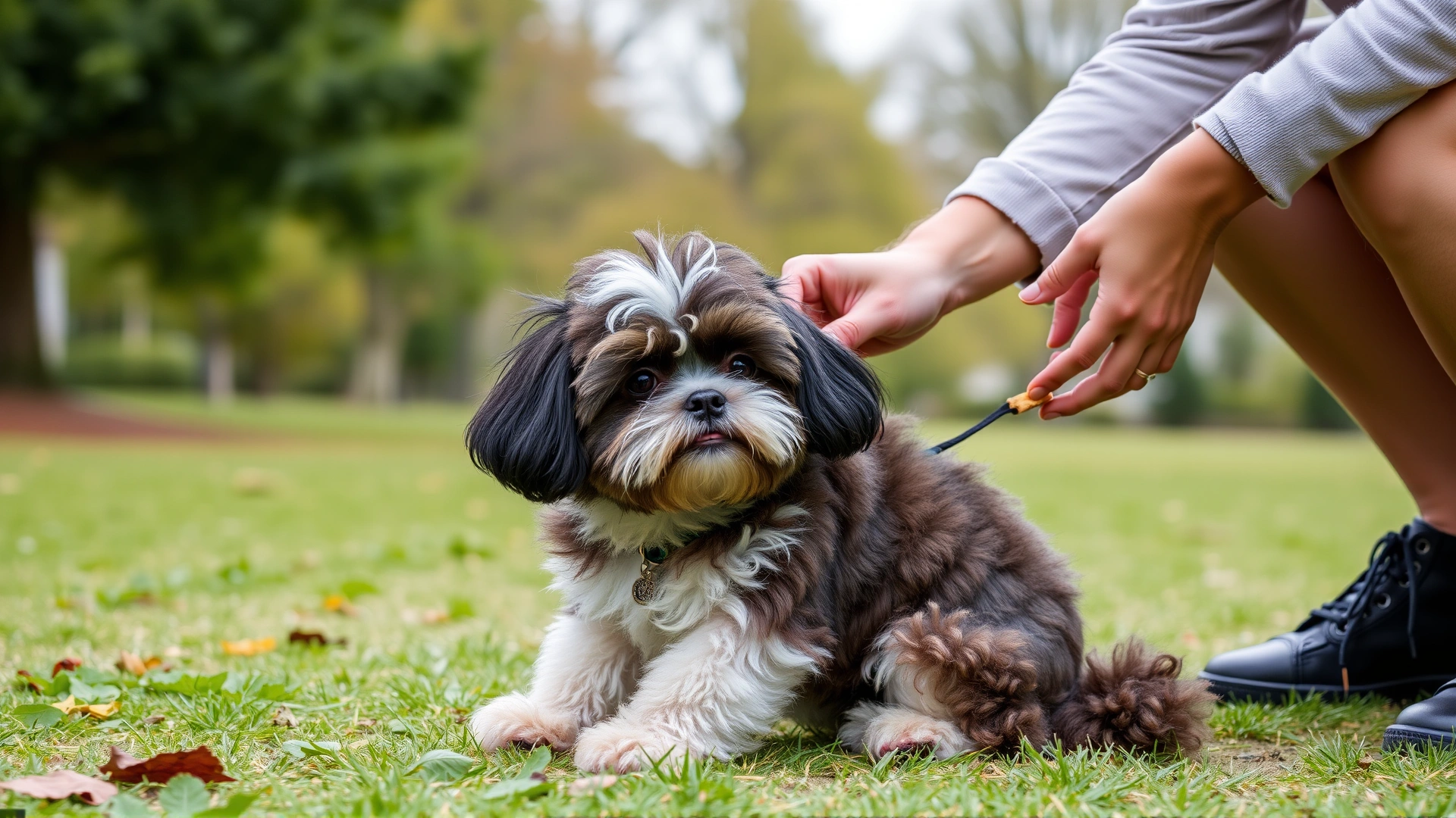 Owner gently rewarding a Shih-Poo with a treat while the dog performs a ‘sit’ command in a park setting.