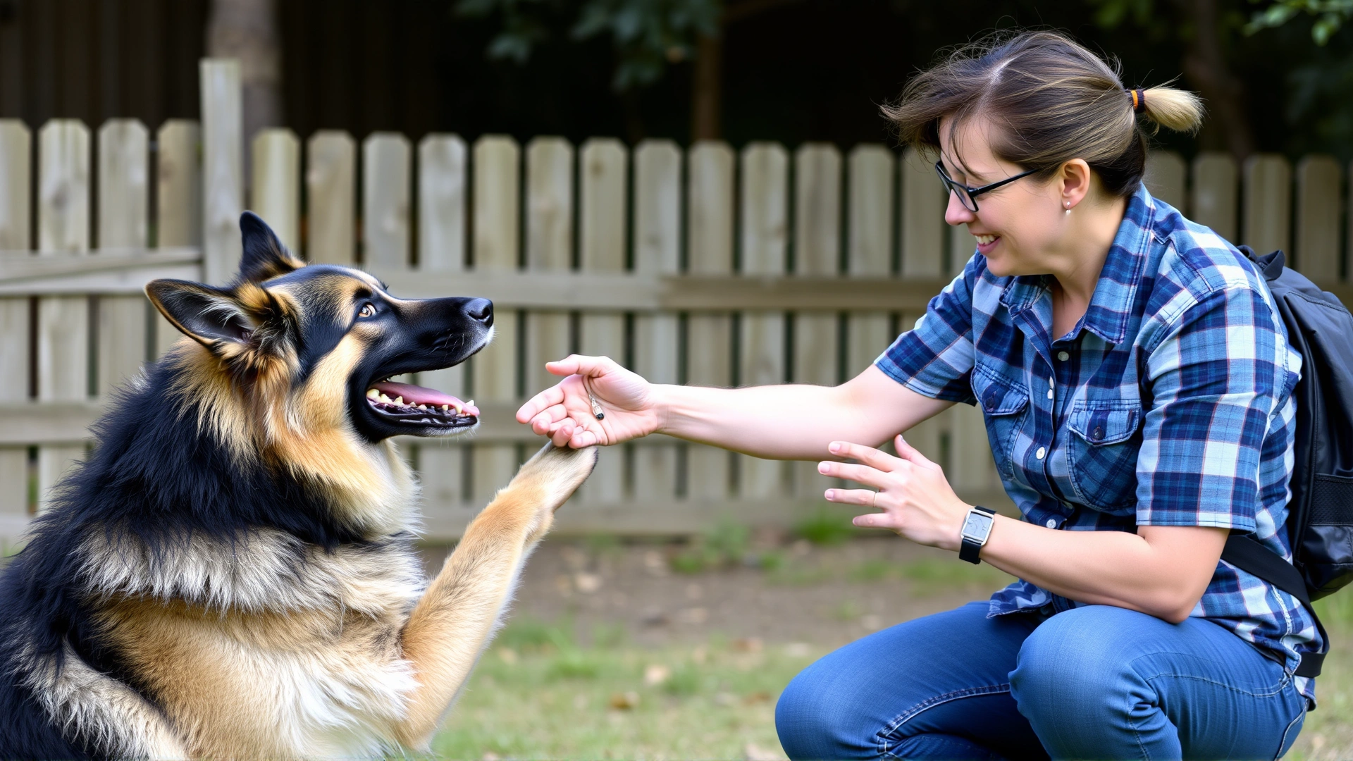Experienced trainer rewarding a Caucasian Shepherd during obedience training in a fenced yard, demonstrating positive-reinforcement methods.