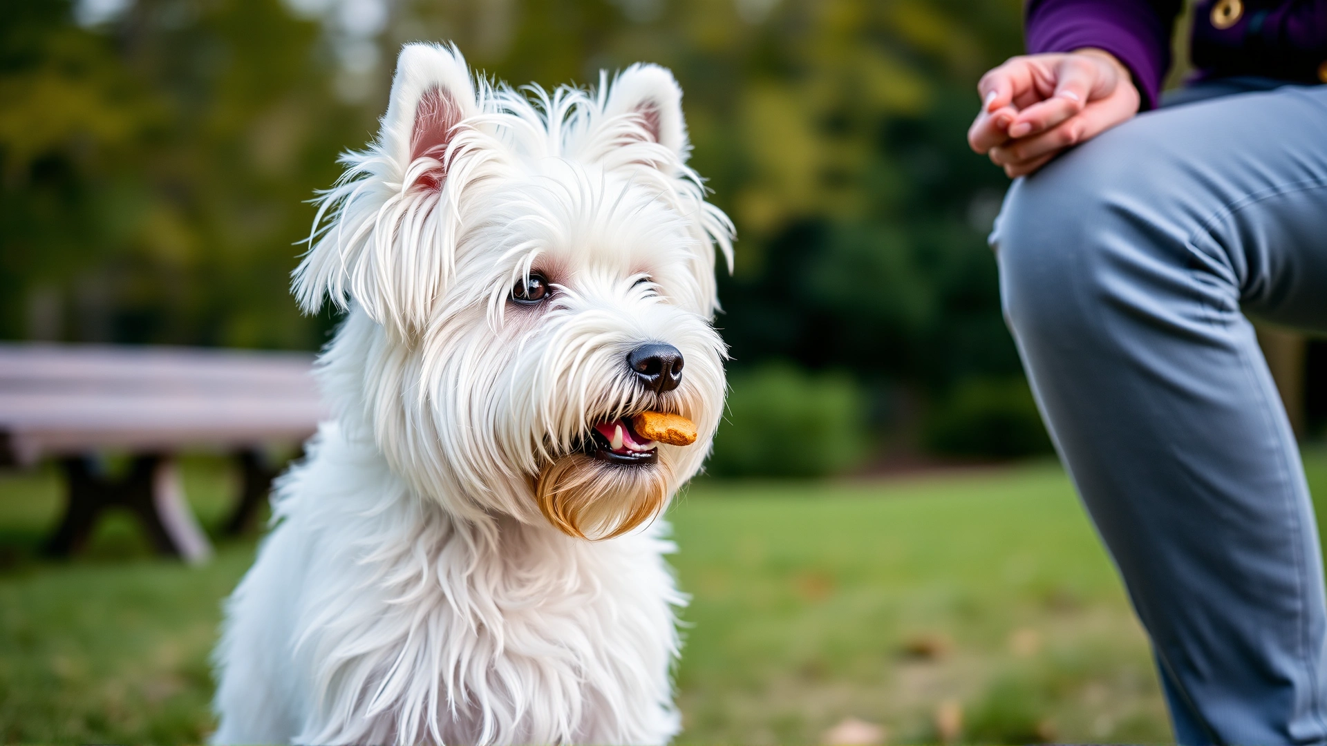 Outdoor obedience training session: a Coton de Tulear sitting attentively while receiving a treat from its trainer in a park.
