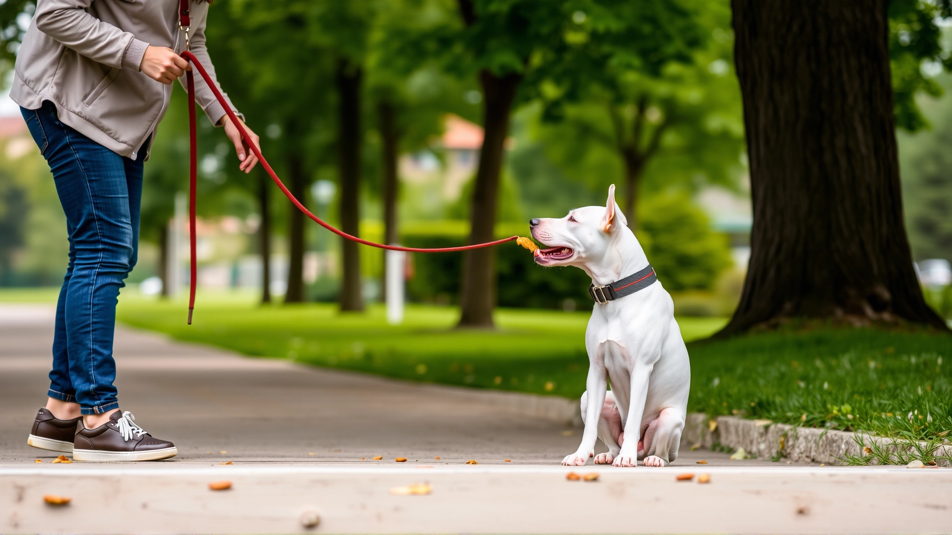 Positive training scene: handler rewarding a sitting Dogo Argentino with a treat in a suburban park