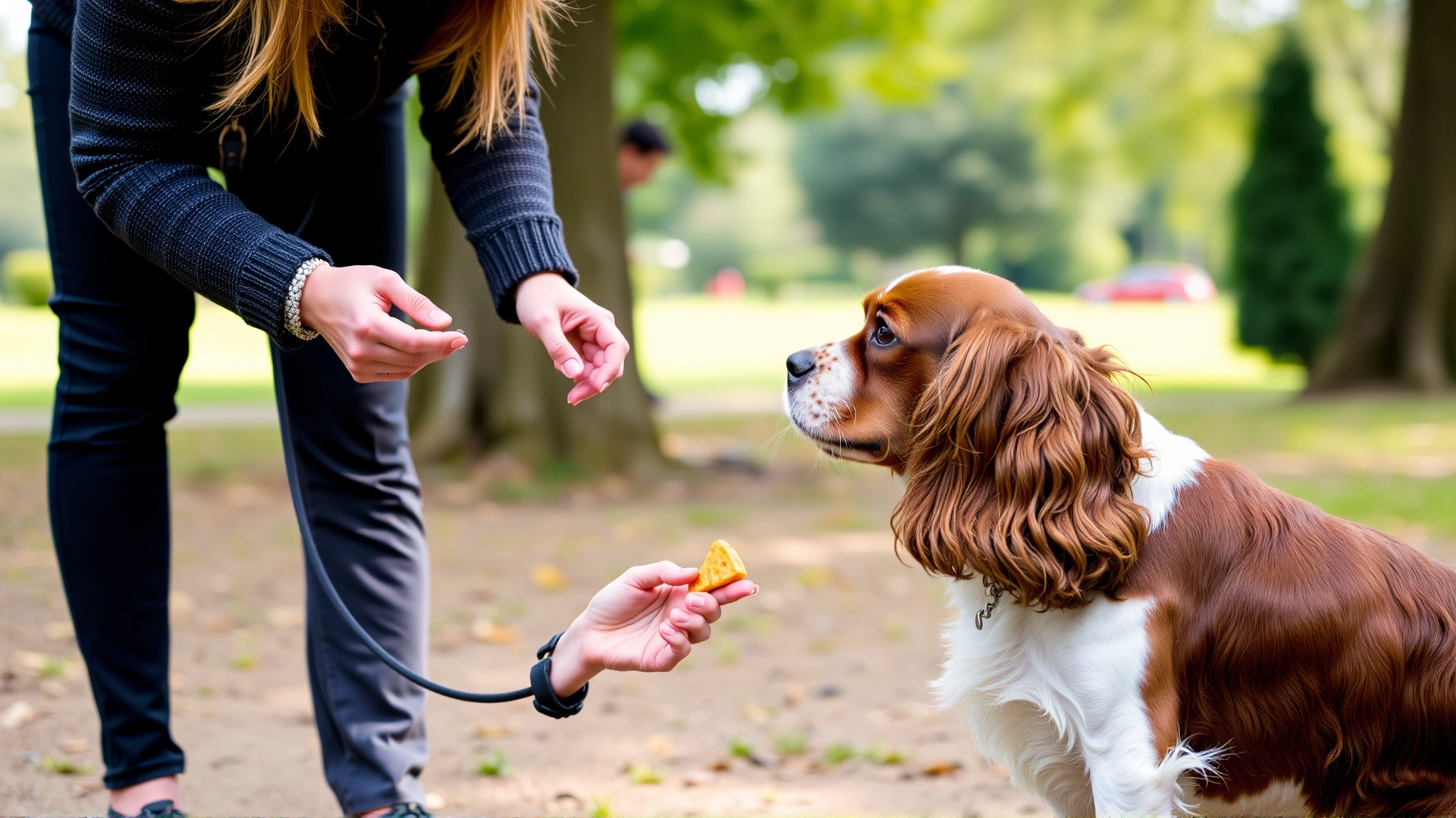 Dog trainer practicing obedience commands with an English Cocker Spaniel using treat rewards in a park