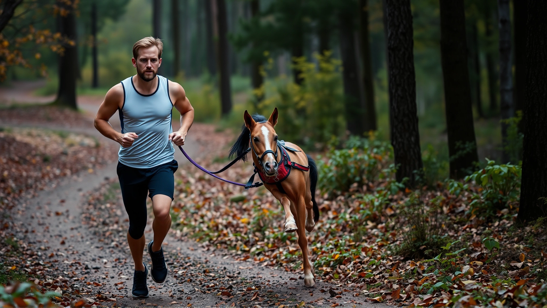 Athletic man jogging with a harnessed Goberian in a forest trail, both mid-stride with autumn leaves around.