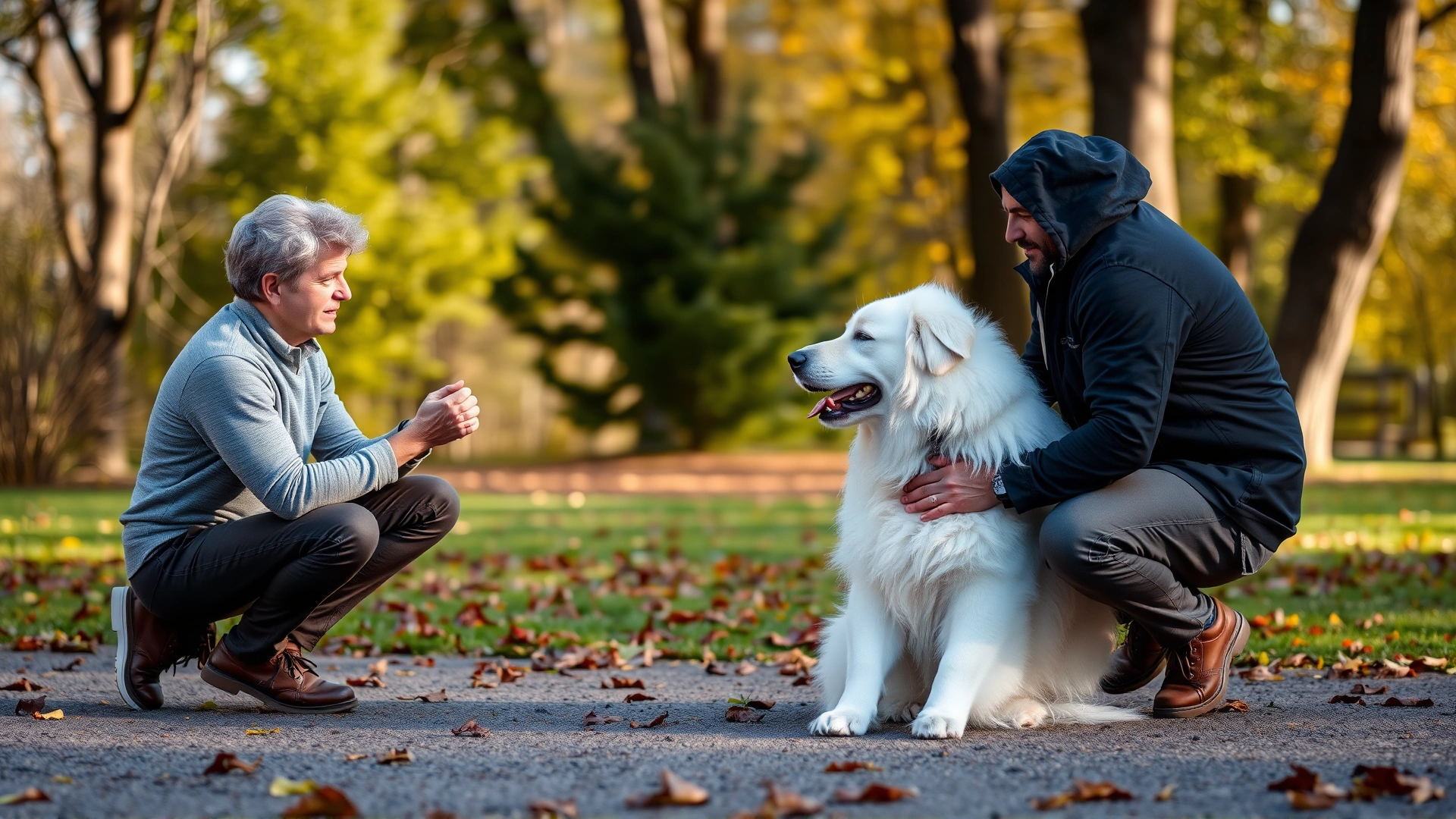 Owner kneeling in a park giving a treat to a sitting Great Pyrenees during a training session.