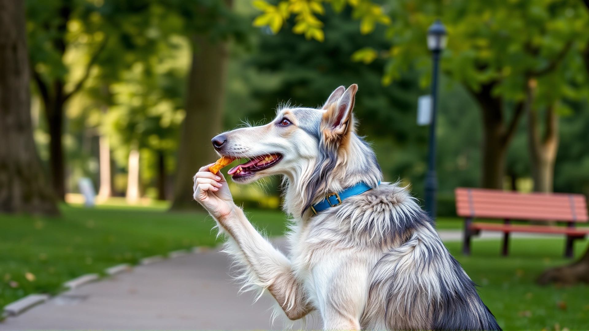 Owner using a treat to teach an Irish Wolfhound to sit in a park, positive reinforcement, no text