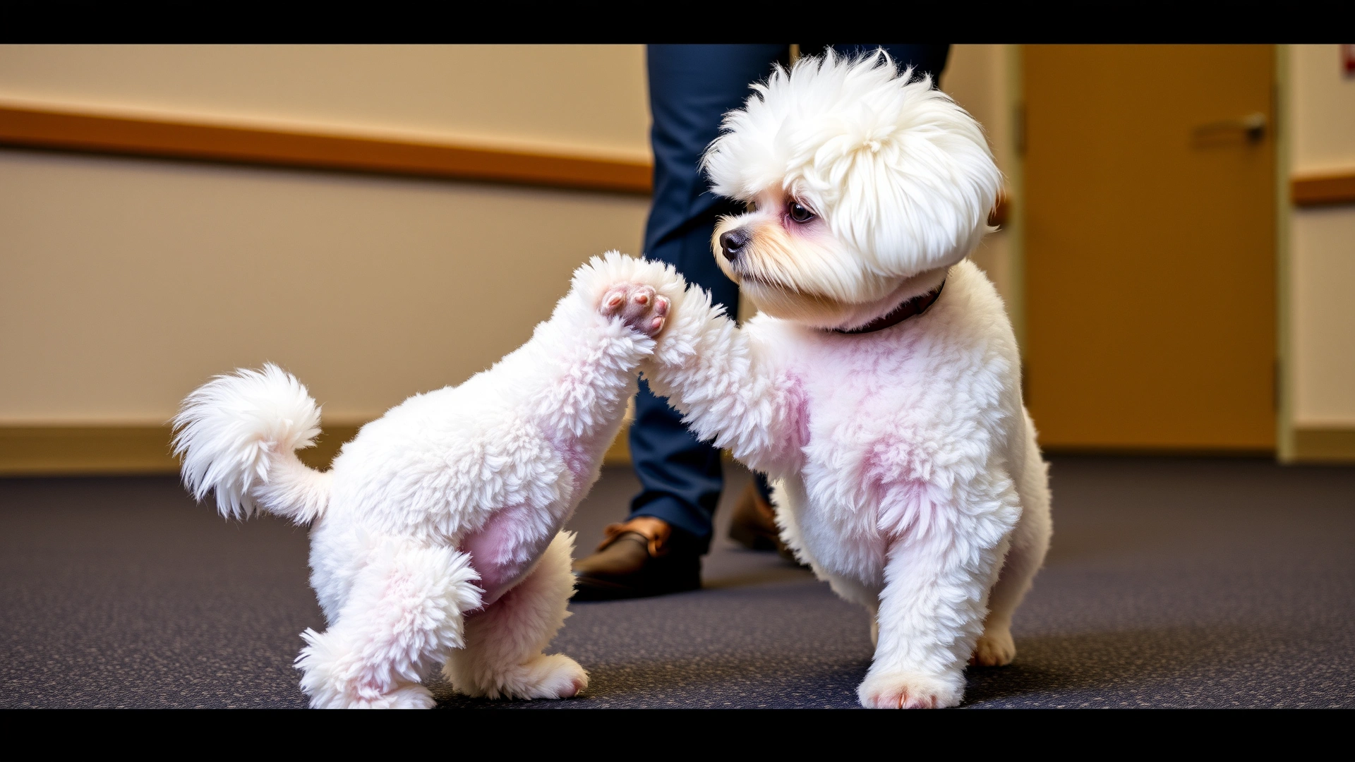 Bichon Frise performing a paw-shake trick with a trainer, indoors obedience class setting, treat pouch on trainer's waist.