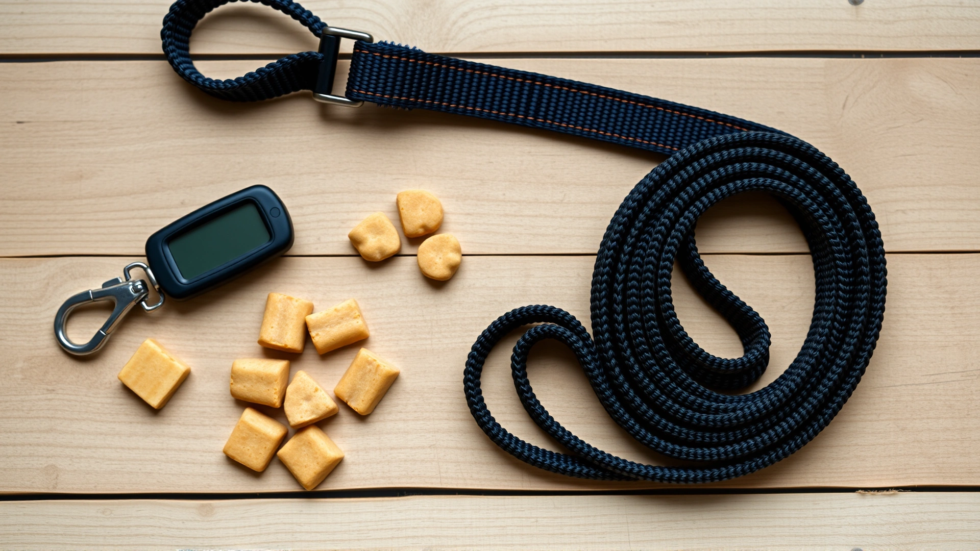 Flat lay of dog training essentials: clicker, pouch of soft high-value treats, lightweight leash, arranged neatly on a wooden surface; top-down view