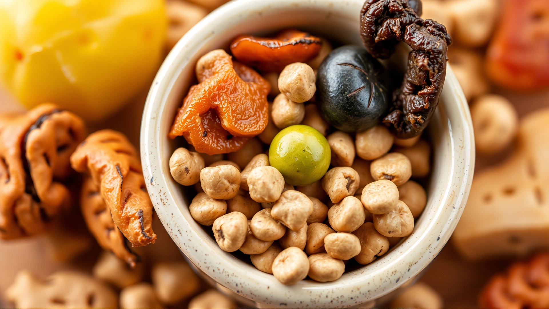 Macro shot of assorted healthy bird treats (millet spray, dried fruit, pellets) placed in a small ceramic bowl.
