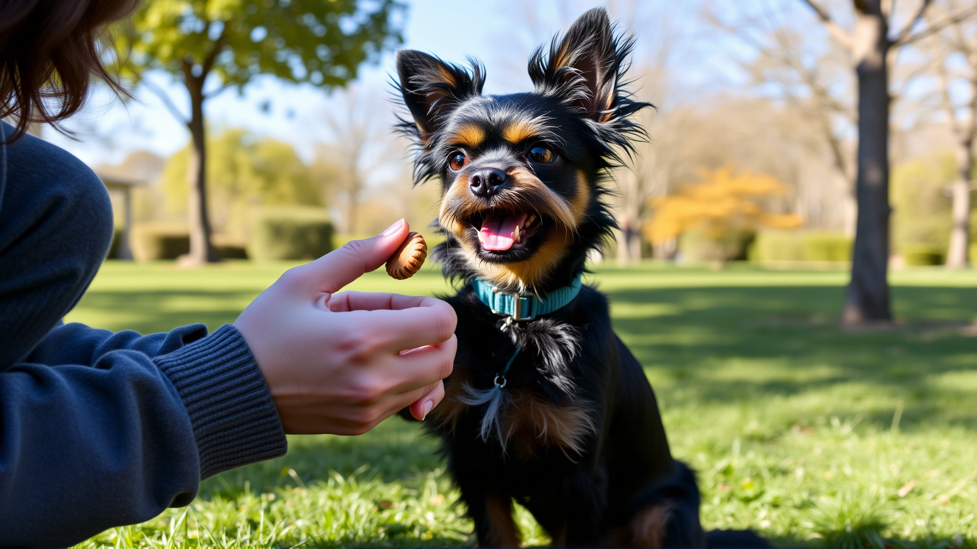 Pet parent using treats to train an Affenpinscher to sit in a sunny park setting, highlighting positive-reinforcement training.