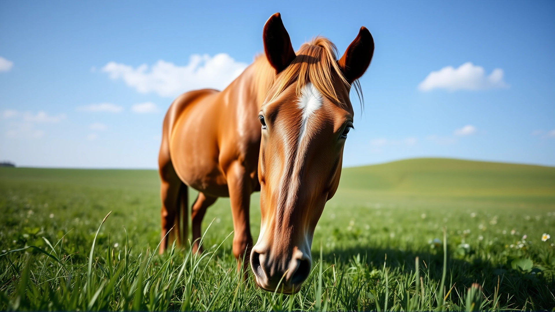 A relaxed chestnut horse grazing peacefully in a lush green pasture under a blue sky; demonstrates a healthy looking horse that might still have a mild functional heart murmur.