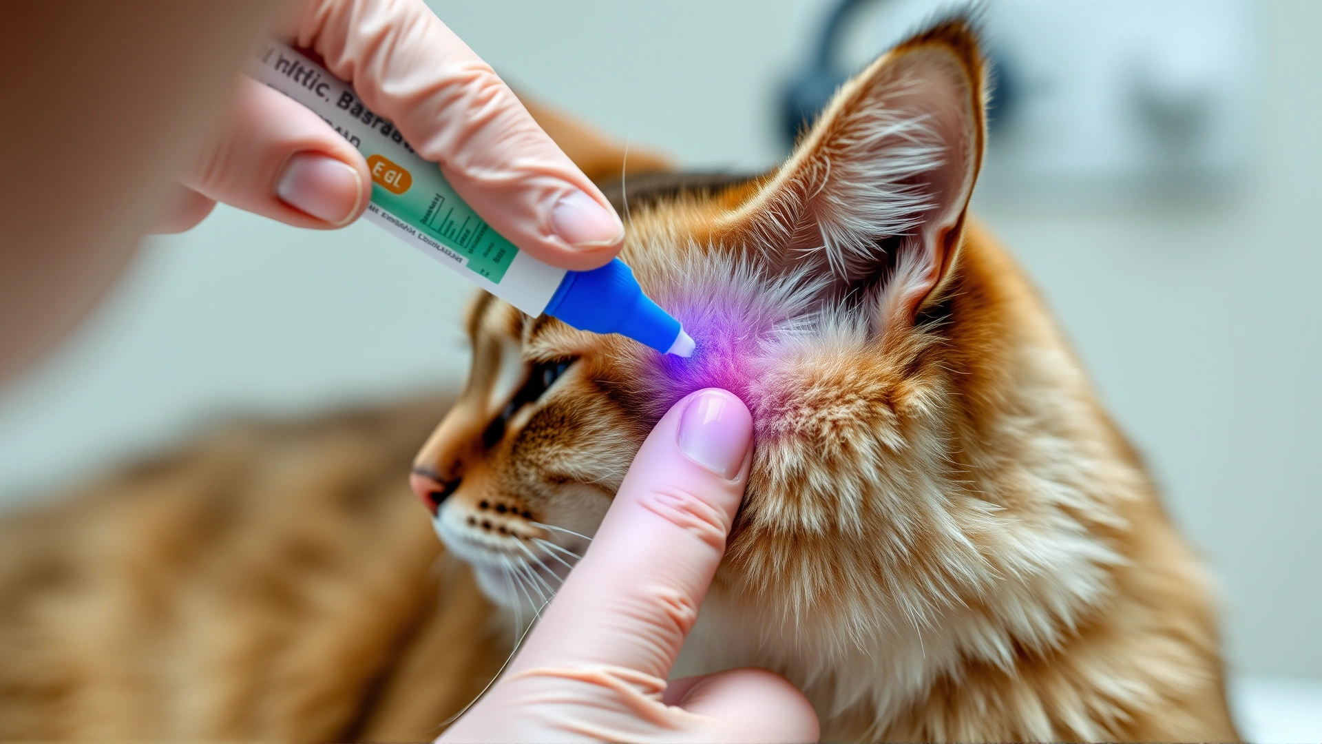 Hand of a veterinarian applying transdermal gel to the inner ear flap of a calm cat, close-up shot, clinical setting
