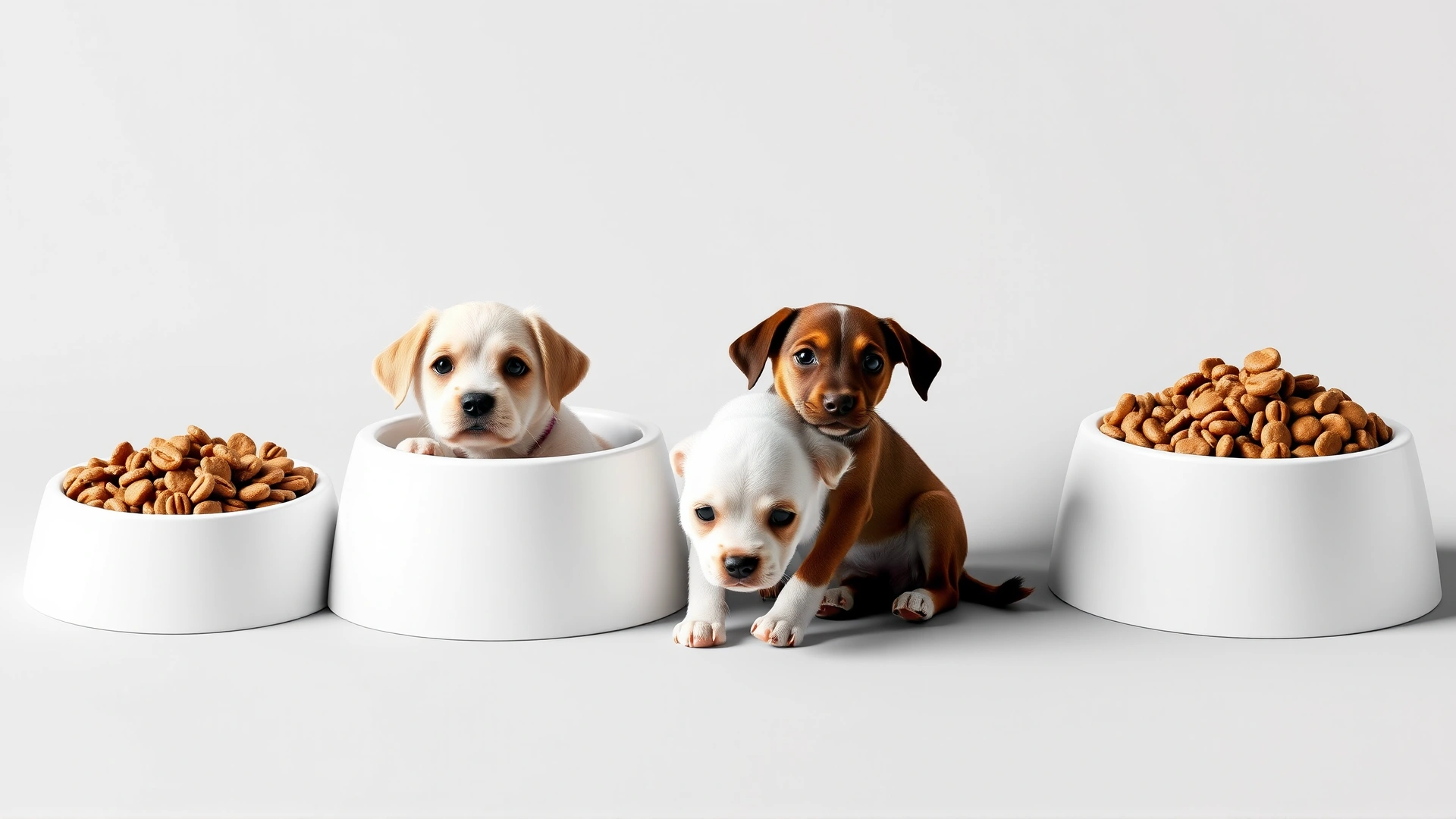 Four dog food bowls arranged left to right on a neutral background, showing increasing ratio of adult kibble to puppy kibble, no labels or text