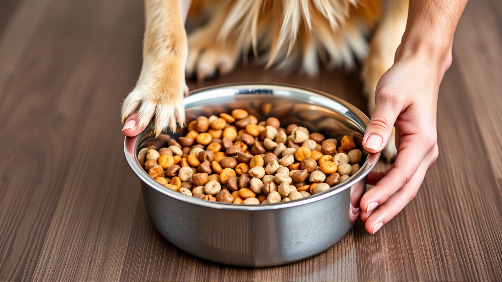 Dog owner’s hands mixing two types of kibble in a single stainless steel bowl, illustrating gradual food transition.