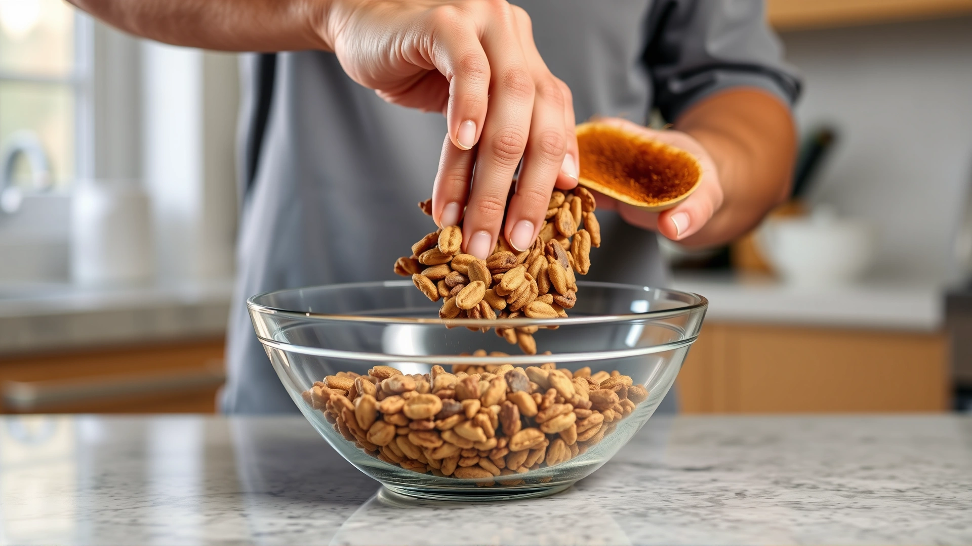 Owner mixing two types of dry dog food (puppy and adult formulas) in a transparent bowl on a kitchen counter, illustrating the gradual transition process.