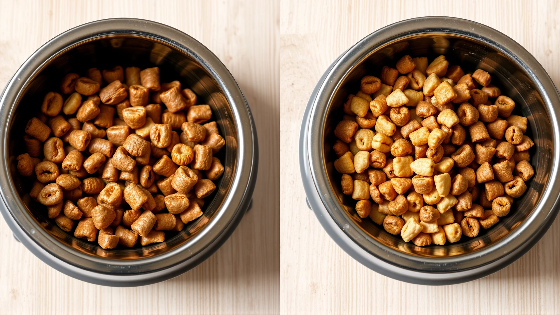 Side-by-side image of two cat food bowls: one filled with old kibble, the other showing a mixed portion of old and new kibble to demonstrate food transition.