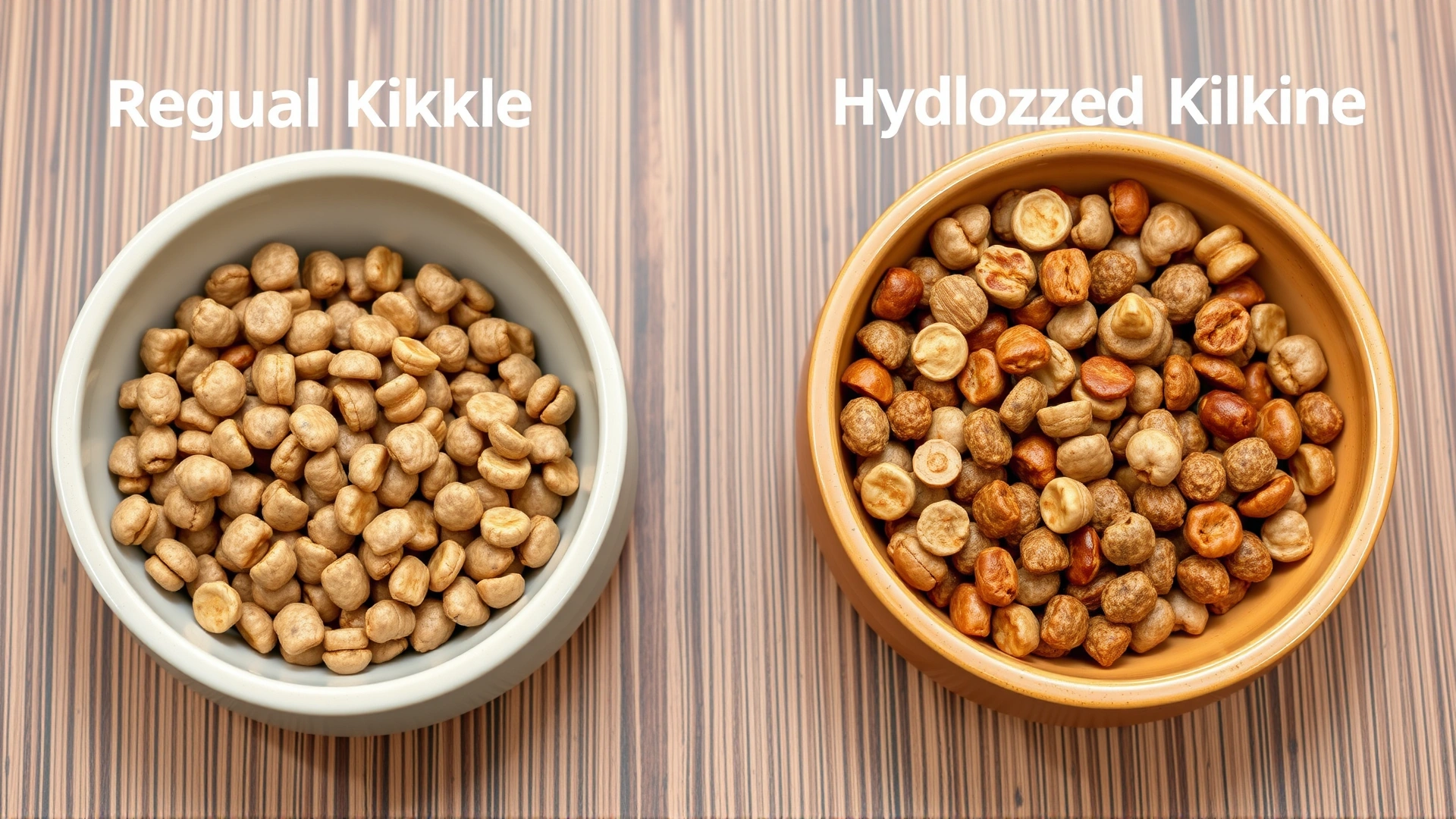 Two bowls side by side, one with regular kibble and one with hydrolyzed kibble, to illustrate diet transition