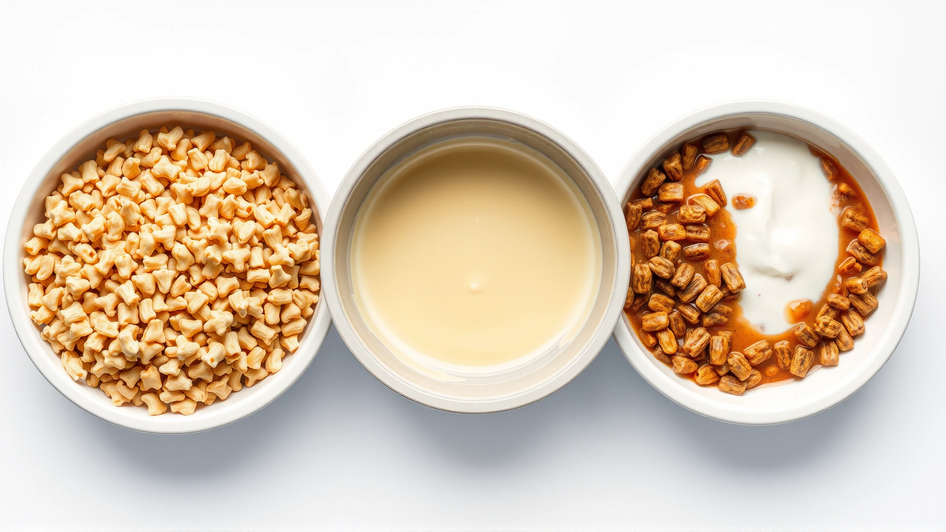 Top-down view of three bowls lined up left to right, showing gradual mixing of old kibble with new wet food in increasing proportions, on a clean white surface.