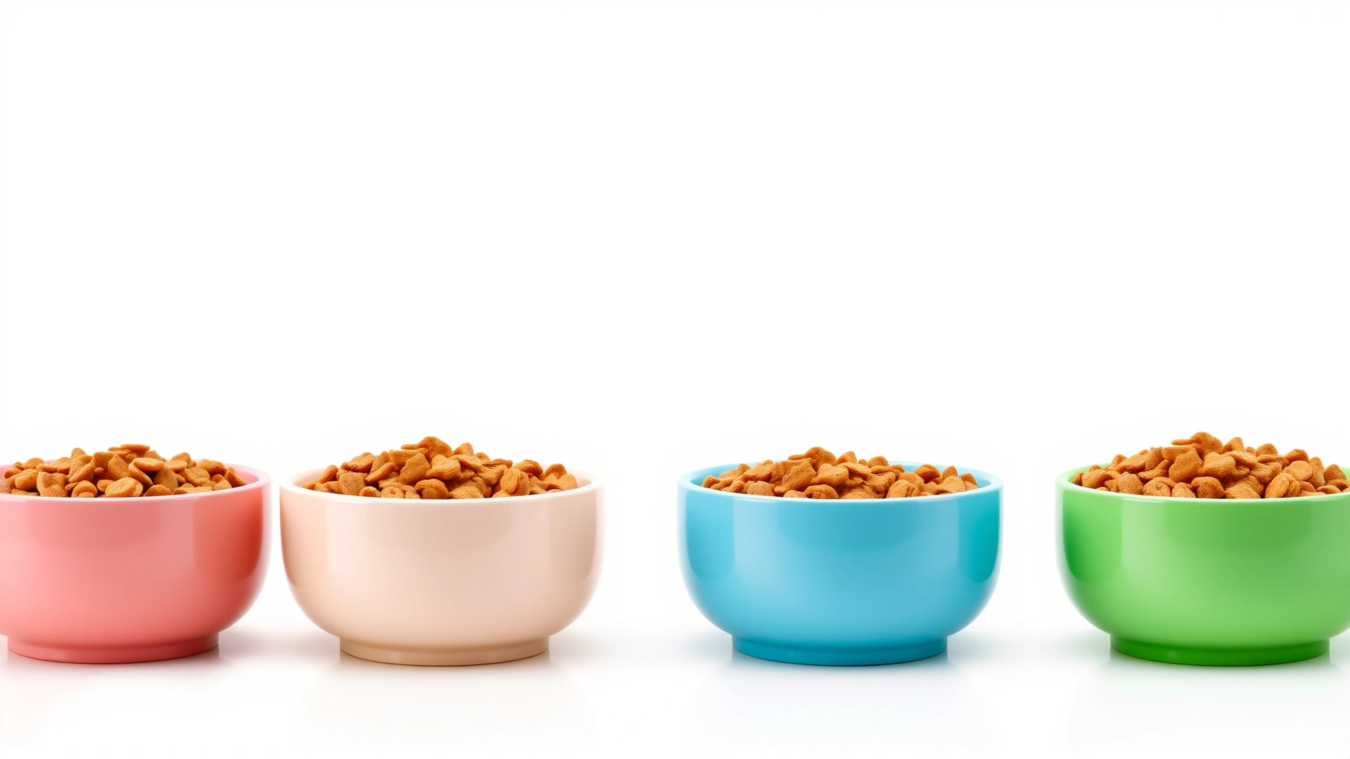 Step-by-step concept image showing four bowls in a row with increasing ratio of organic kibble to regular kibble, clean white background