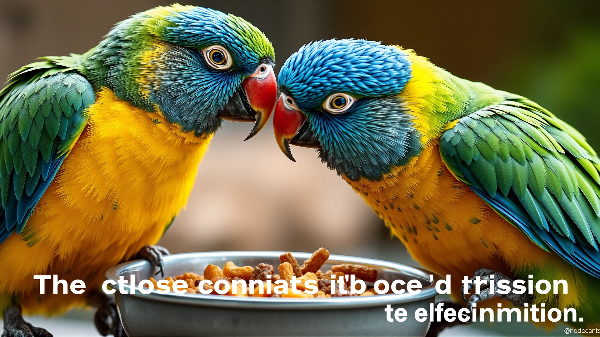 Illustrative photo of two parrots sharing a food bowl, highlighting close contact as a mode of disease transmission, with no text overlay.