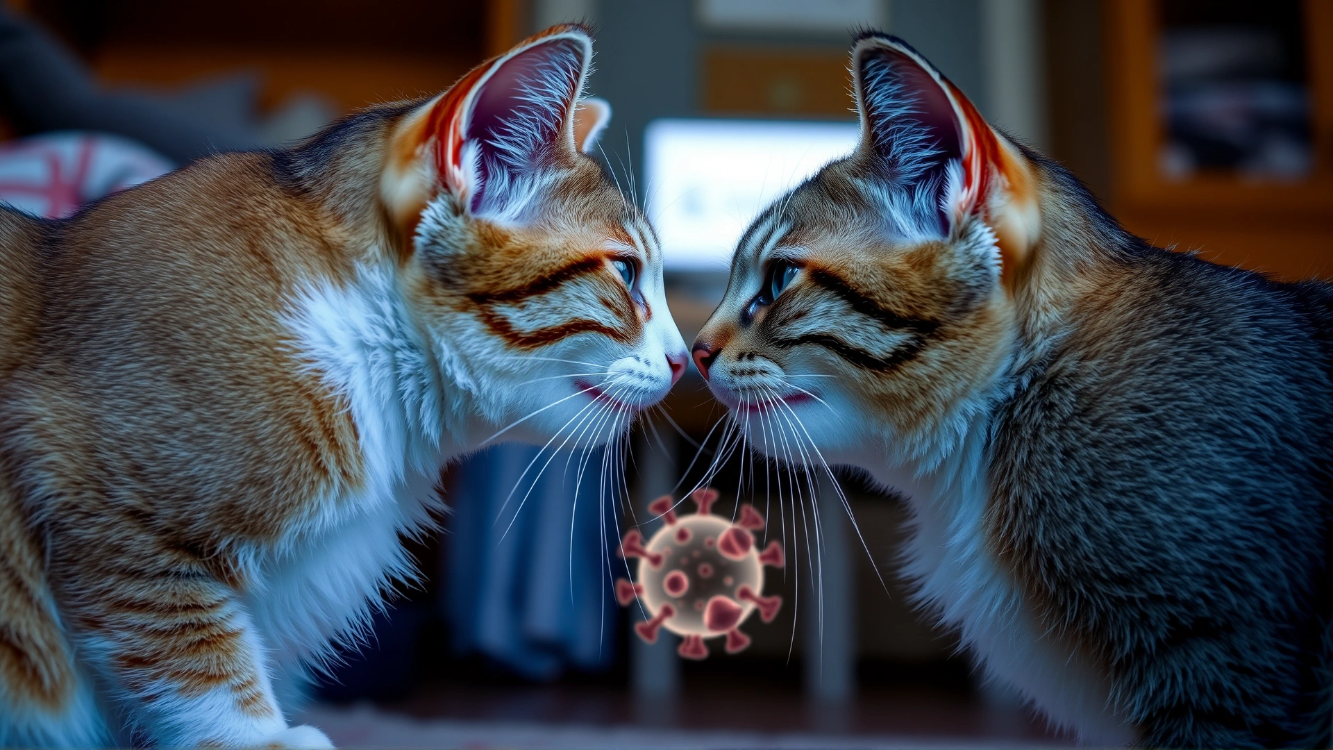 Two house cats in close contact sniffing each other, illustrating potential virus transmission, cozy home environment.