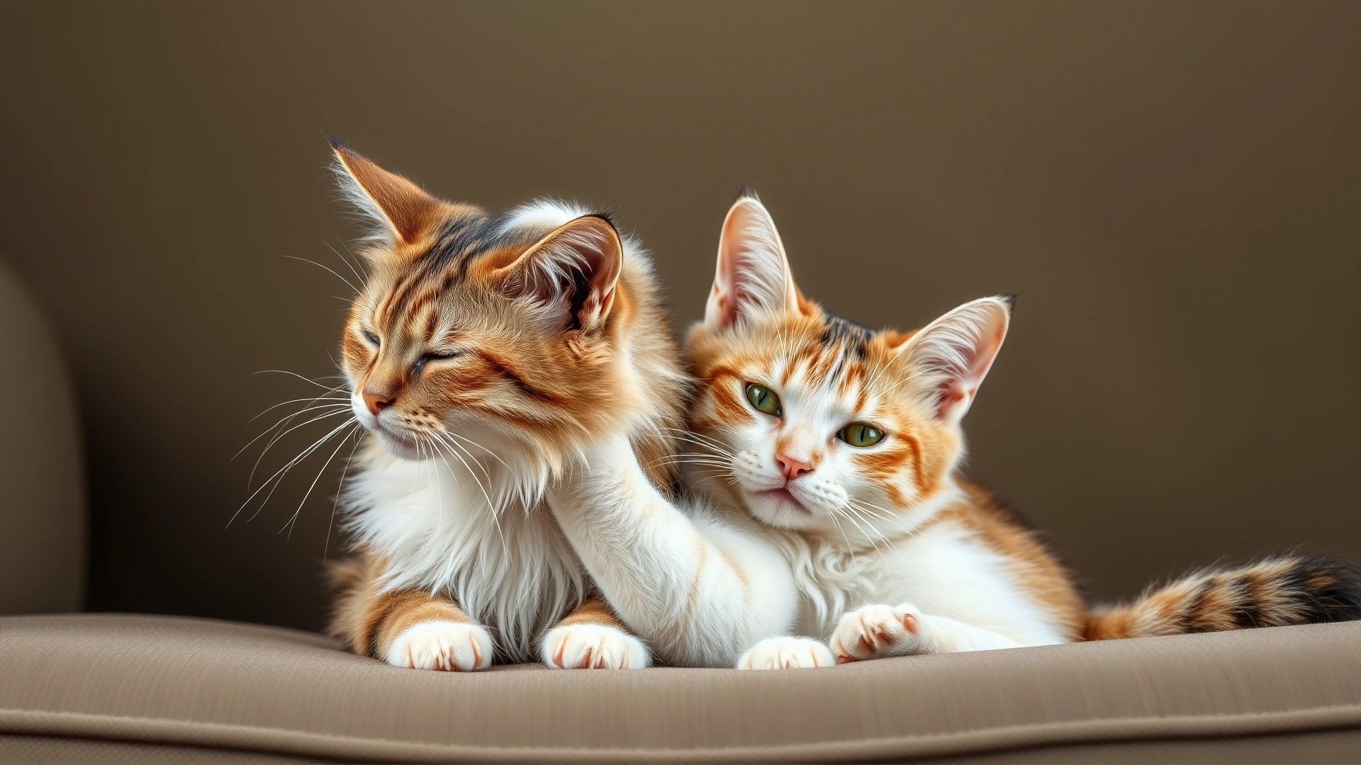 Two domestic cats grooming each other on a sofa, illustrating close contact transmission of FeLV