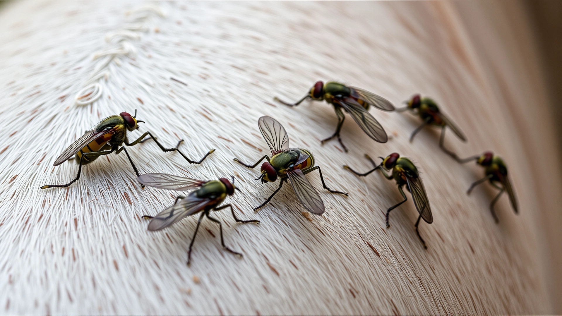 Macro shot of horseflies on a horse’s coat, emphasizing the insects’ role in disease transmission.