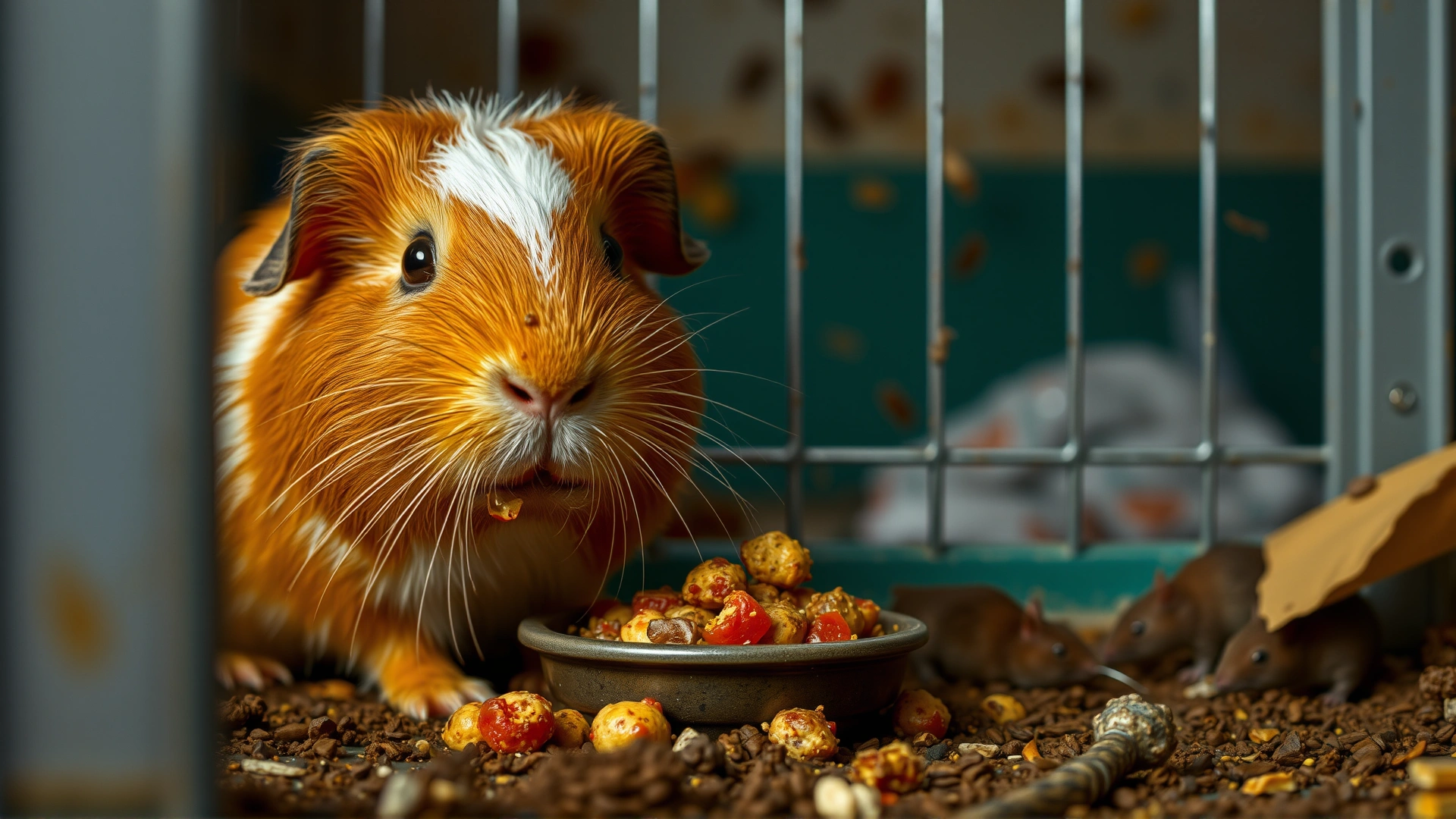 Scene showing a guinea pig nibbling on contaminated food in a messy cage with visible rodent droppings nearby, emphasizing transmission risk