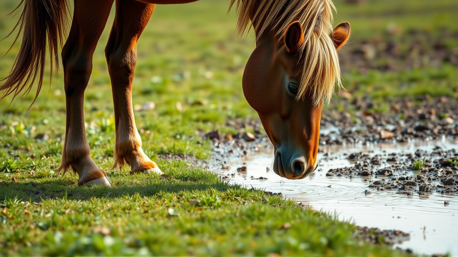 Conceptual image of a horse grazing near muddy water in a field, hinting at environmental exposure to anthrax spores. No text.