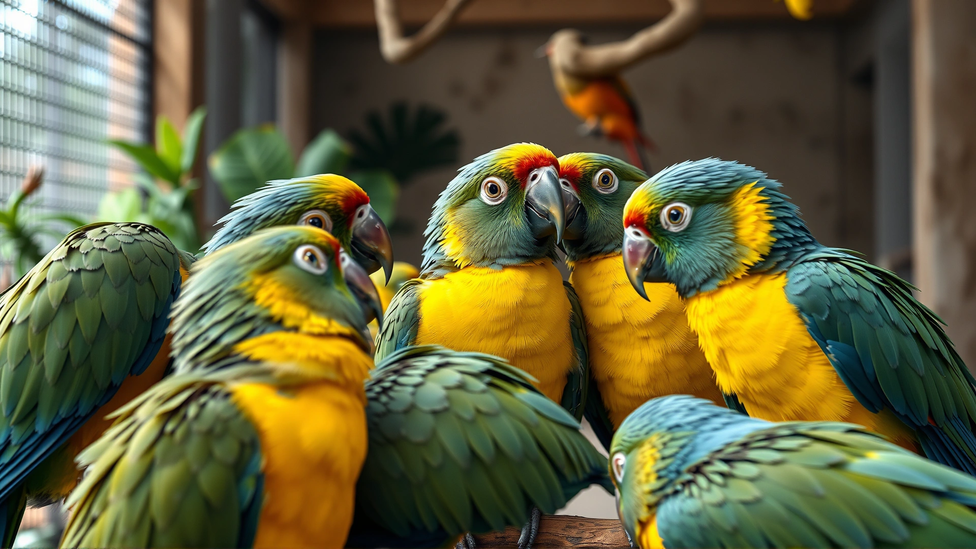 Group of parrots interacting closely in an indoor aviary, highlighting potential virus transmission through contact and shared surfaces