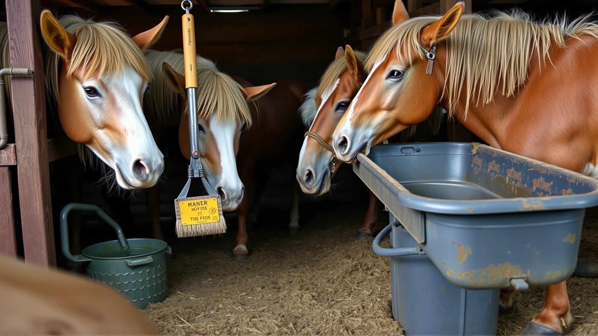 Still life of shared grooming tools, water bucket and feed trough in a stable, implying potential disease transmission.