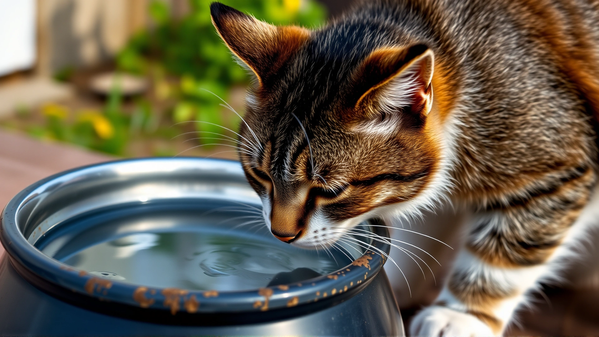 Cat drinking water from an outdoor bowl, slight focus on the water surface to imply potential contamination risk, no text in image.