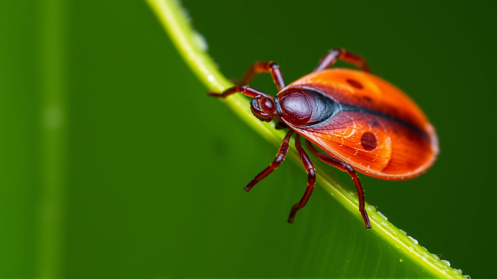 Macro photograph of a tick perched on the edge of a green leaf, sharp focus on the tick to illustrate disease transmission vector, no text.