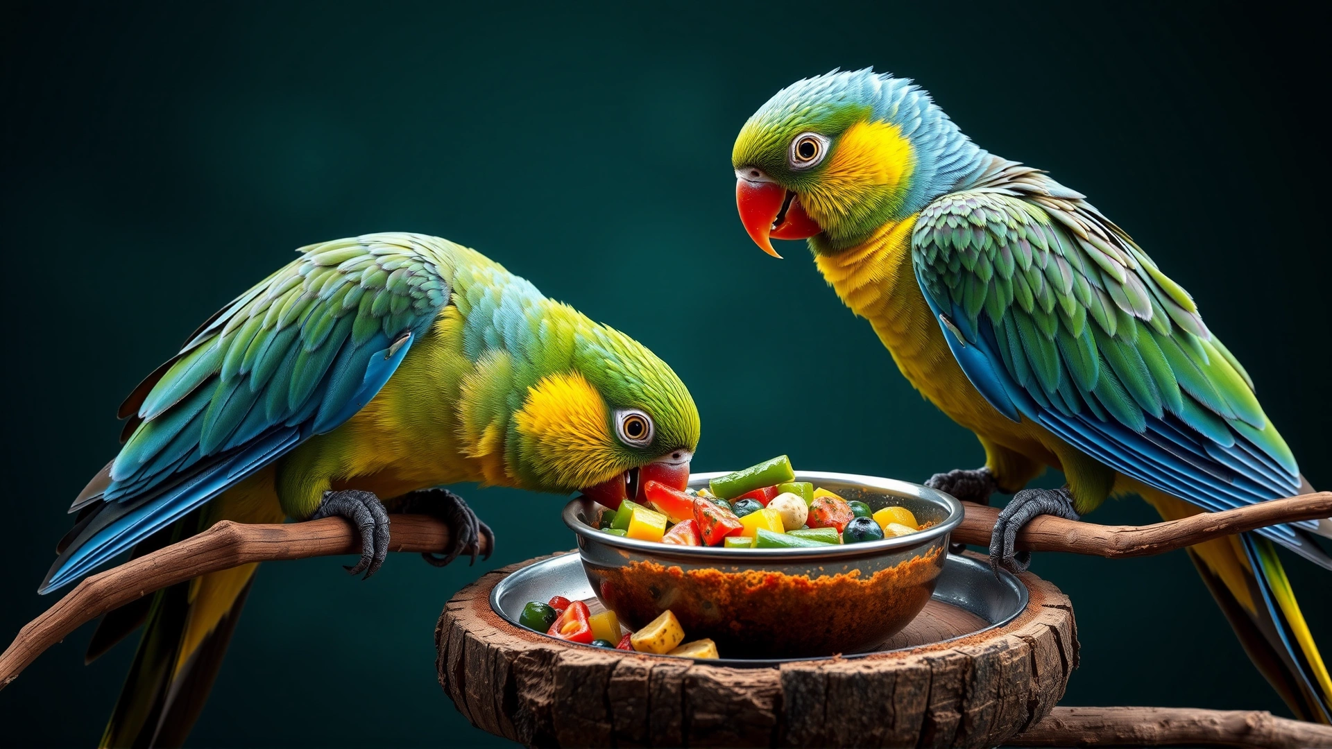 Two parrots sharing a perch and food bowl, illustrating close contact and potential virus transmission, no text