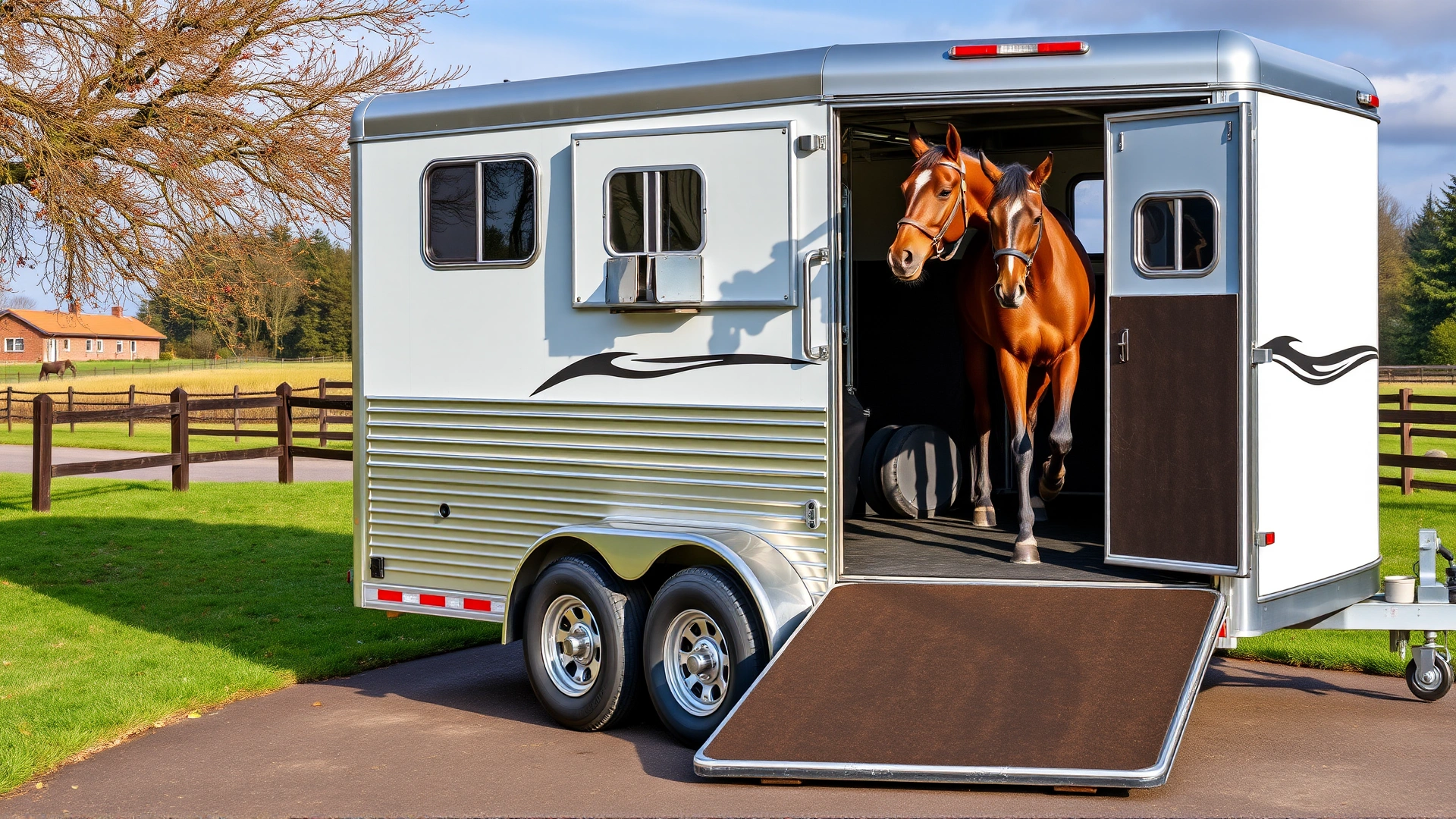 A horse trailer parked on a ranch driveway with its ramp down, ready for safe equine transport.