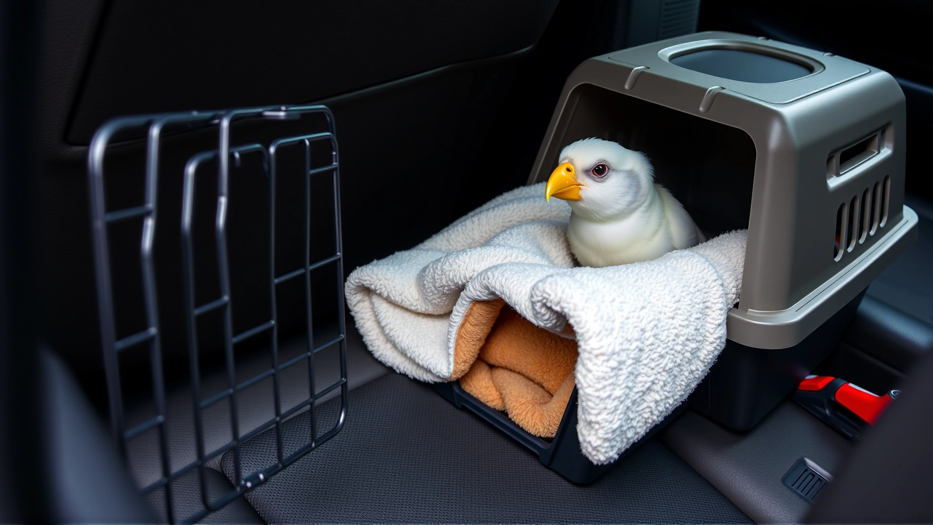 A bird carrier box lined with a soft towel placed on a car seat, emphasizing safe transport to the vet.