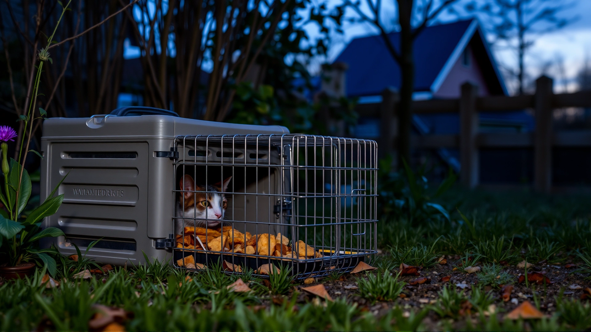 Humane cat trap baited with food, placed in a garden corner at dusk, showcasing safe trapping techniques.