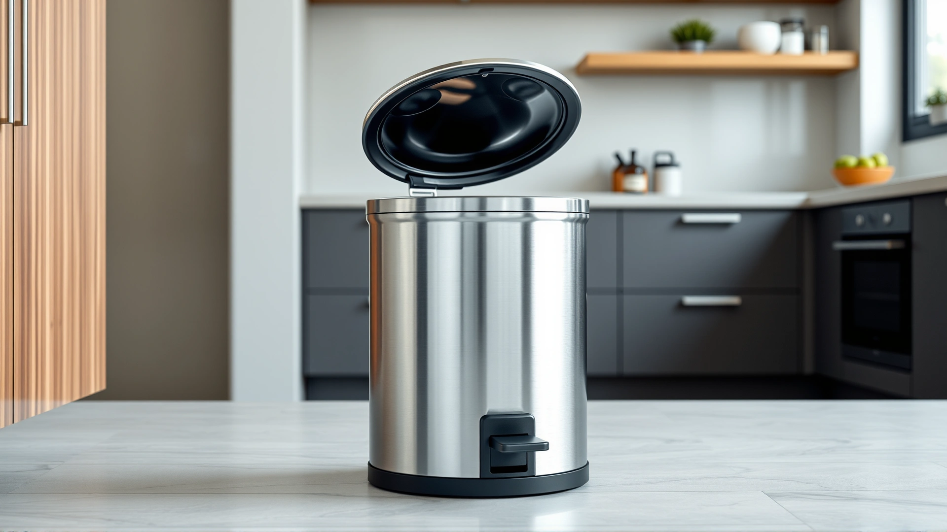 Metal trash can with a secured lid and foot pedal in a modern kitchen setting, emphasizing its dog-proof design.