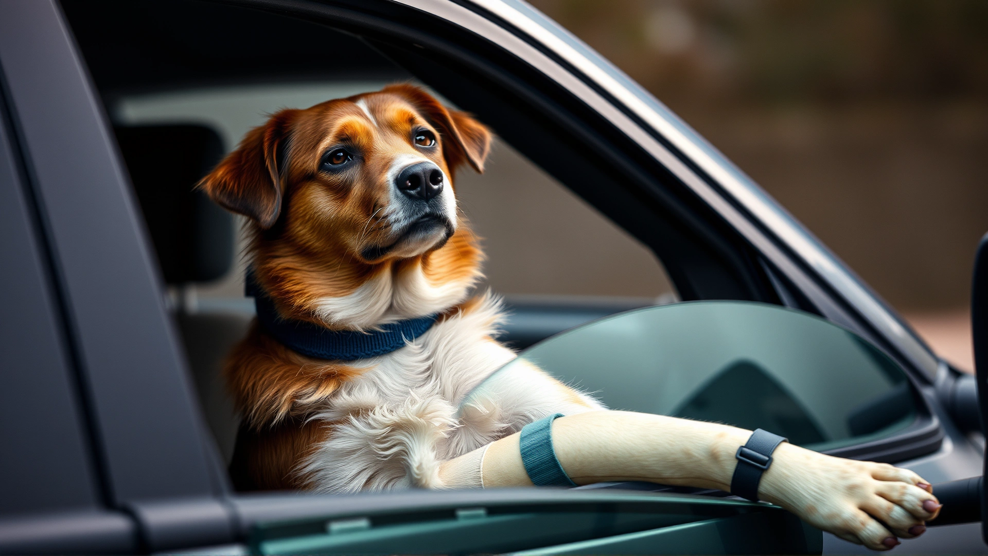 Close-up photo of a dog with a splinted broken leg sitting in a car after an accident, looking alert