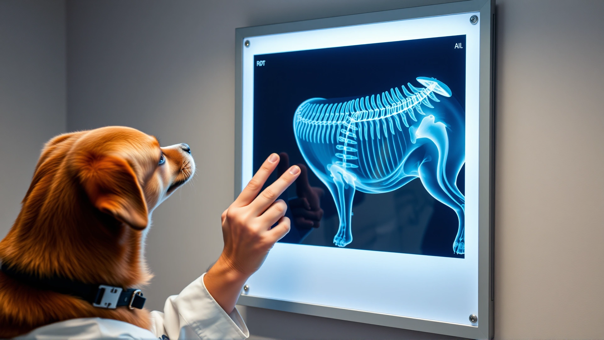 Veterinarian reviewing a dog's spinal X-ray film on a lightboard (no text visible).