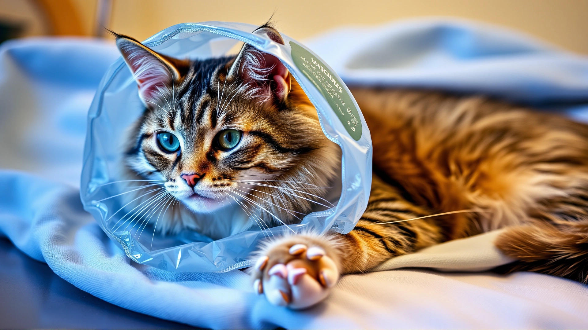 Cat with a protective recovery collar resting comfortably on a soft blanket, representing post-surgery or trauma care