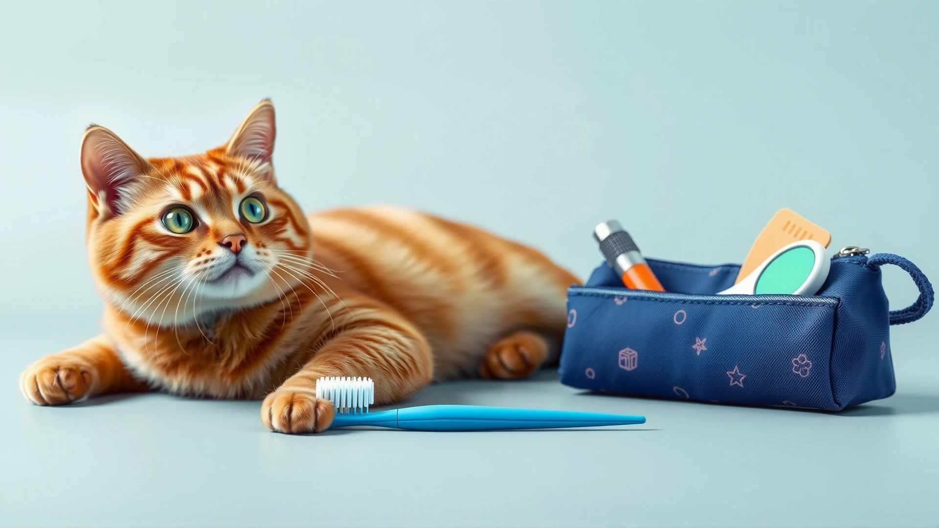 Foldable travel cat toothbrush next to a small travel pouch and cat accessories
