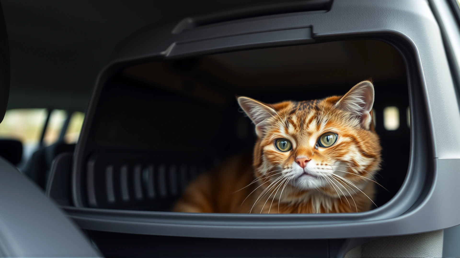 Cat inside a plastic pet carrier placed on a car seat, looking out through the door with mildly stressed expression.