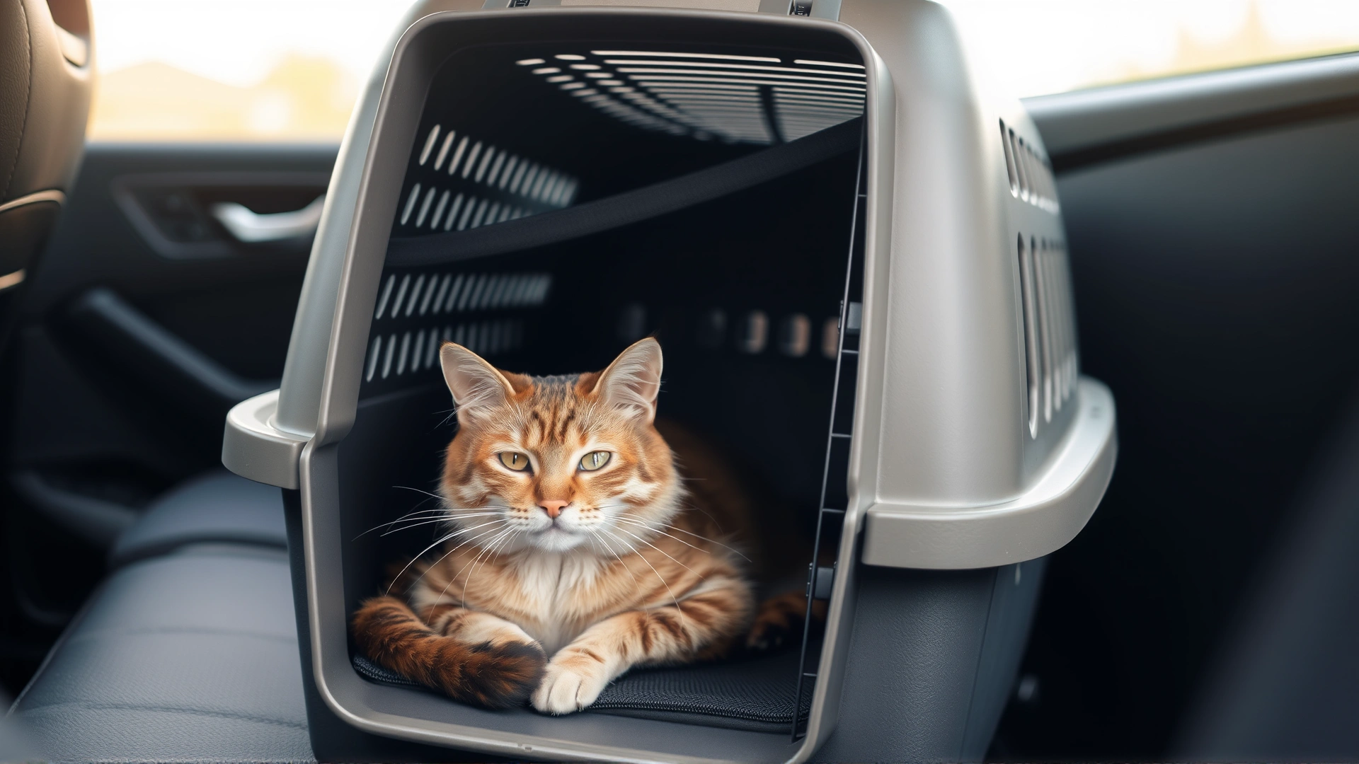 Cat sitting calmly inside a secure travel carrier placed on a car seat, with soft daylight coming through the window