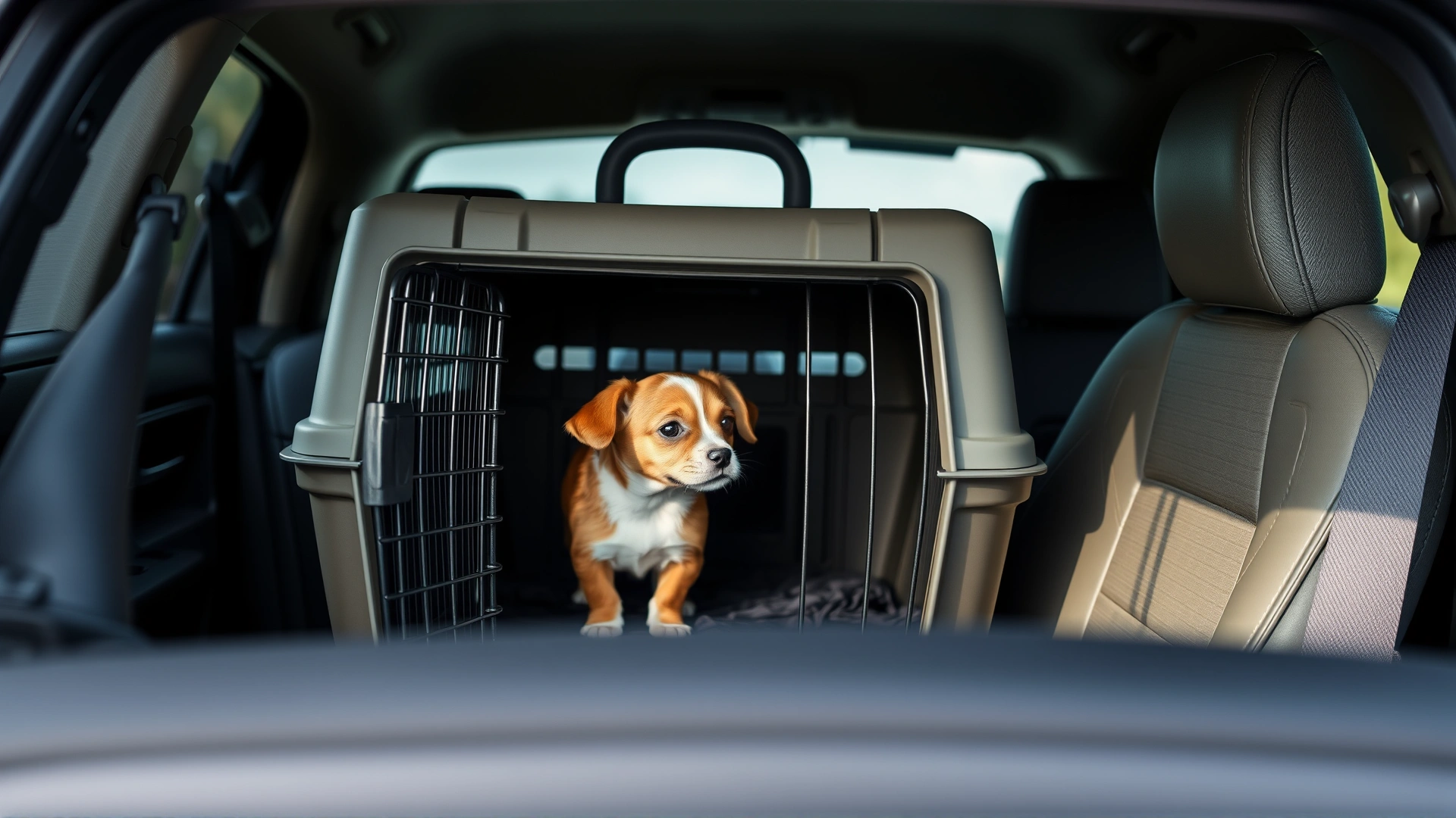 Pet carrier in the backseat of a car with a seatbelt securing it; a small dog inside looks out comfortably.
